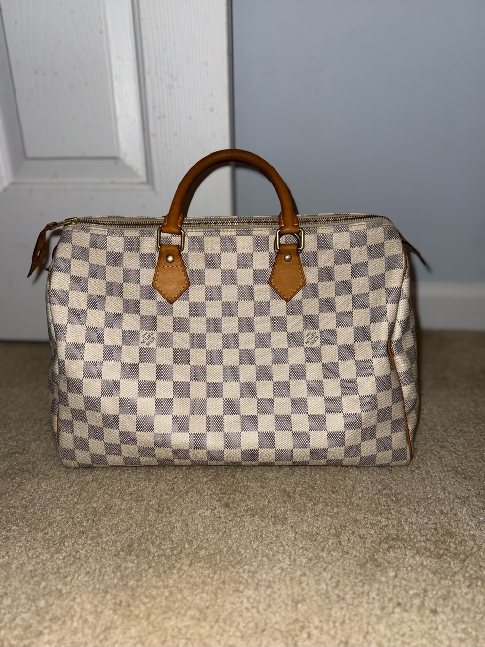Louis Vuitton Damier Azur Canvas Duffel Bag with Tan Leather Handles